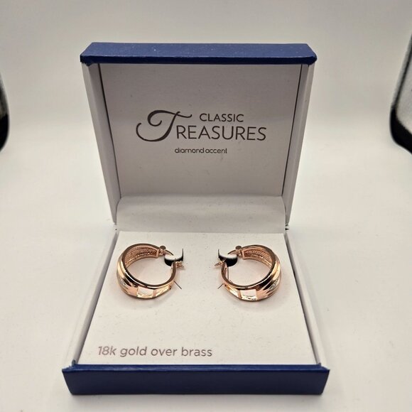 Classic Treasures 18K Rose Gold Over Brass Hoop Earrings Diamond Accents - Picture 1 of 4